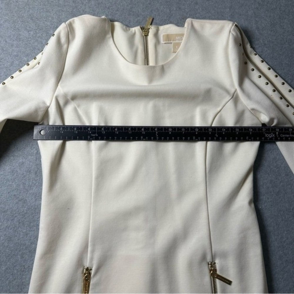 Michael Kors Off White Studded Long Sleeve Zipper Sheath Dress Gold Hardware - Picture 11 of 14